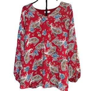 Qearal Red Paisley Long Sleeve Lined Blouse Size L